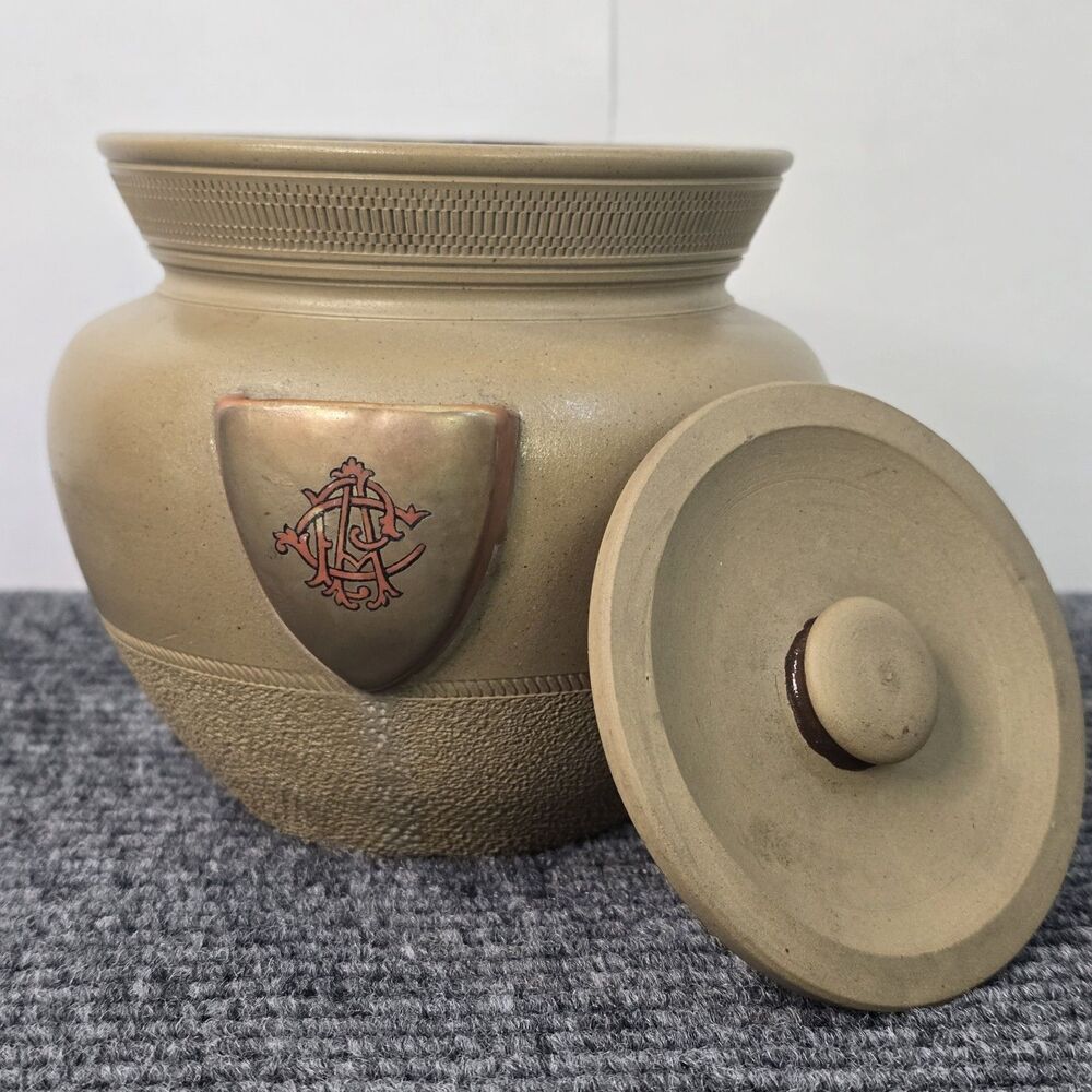 Langley Ware Alma Mater Ball’s Patent Ceramic Tobacco Humidor Jar Brown England